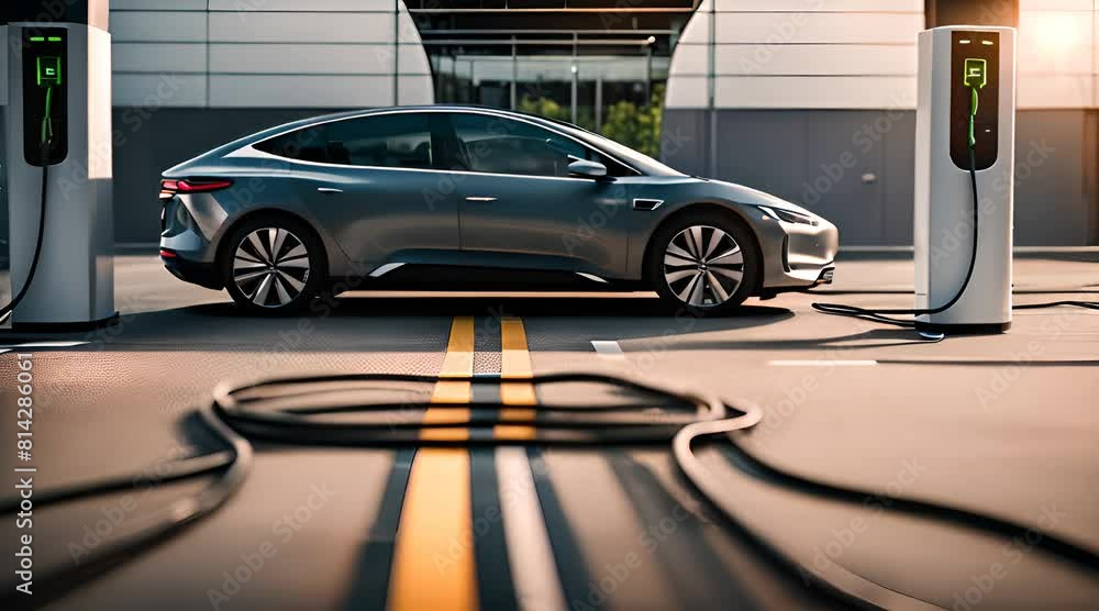 voiture électrique en train de recharger à une borne, câble de recharge connecter