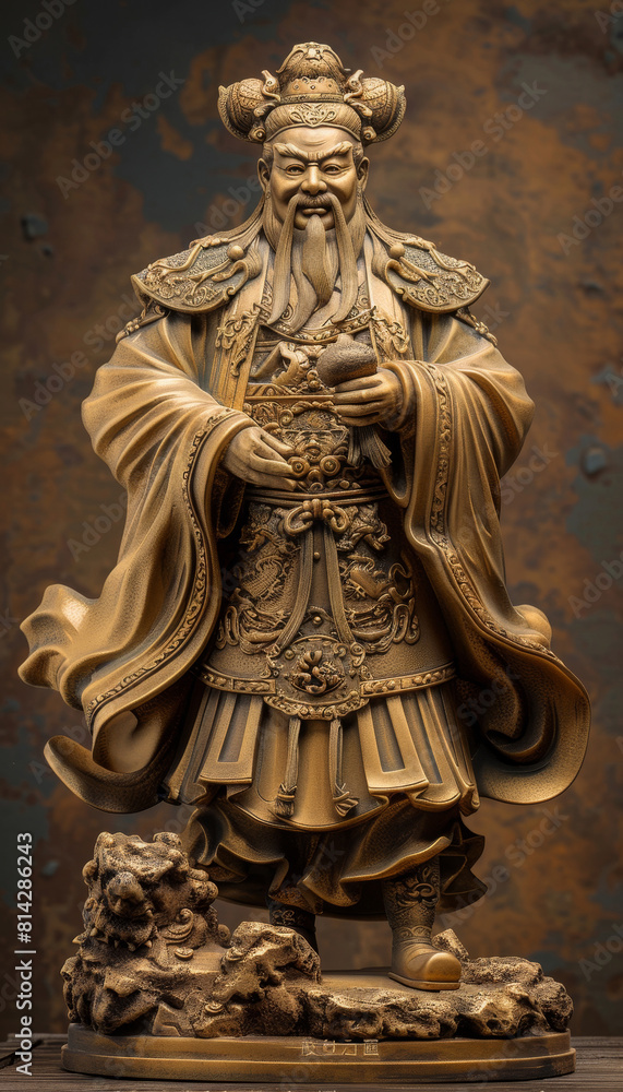 Powerful Chinese god statue with robust design - Dramatic image of a Chinese god statue in ornate armor, reflecting power and historical significance in a rustic setting