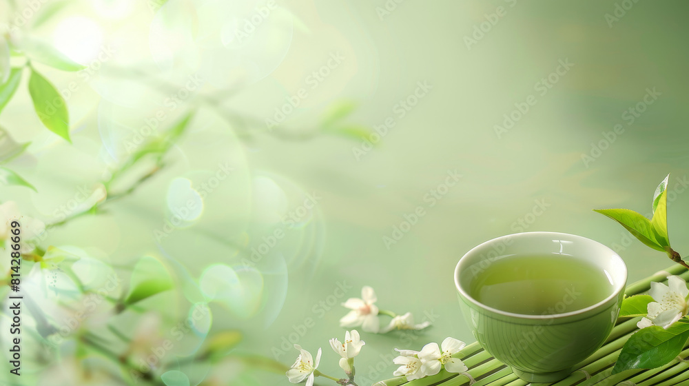 Tranquil green tea setting with fresh leaves - Peaceful composition of green tea in a cup surrounded by young leaves and white blossoms, evoking serenity Tranquil green tea setting with fresh leaves - Peaceful composition of green tea in a cup surrounded by young leaves and white blossoms, evoking serenity