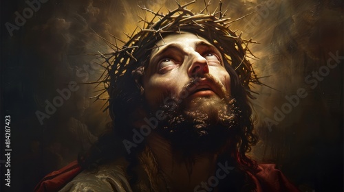 Jesus Christ, Crowned with Thorns, Looking Up to Heaven in a Religious Scene