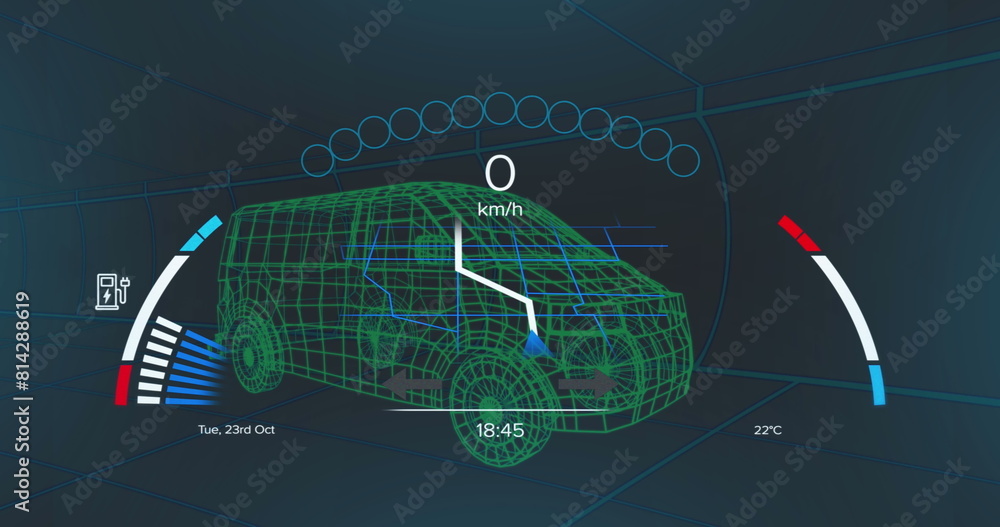 Fototapeta premium Image of clock over 3d car model over grid on black background