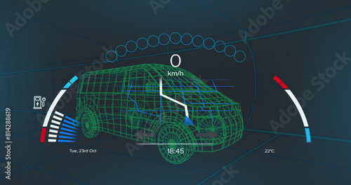 Image of clock over 3d car model over grid on black background