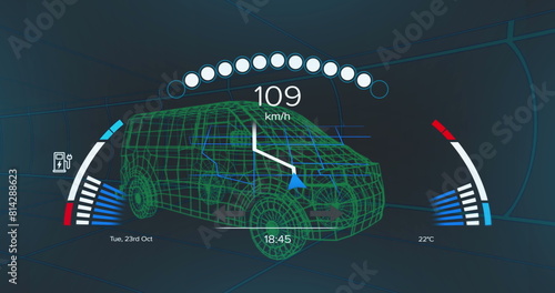 Image of clock over 3d car model over grid on black background