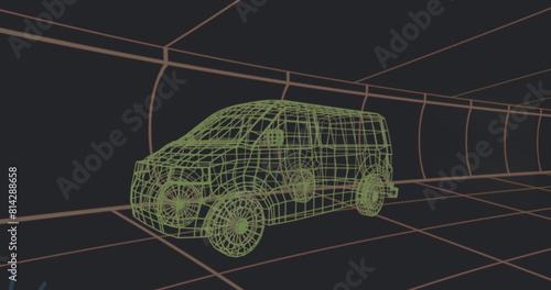 Image of falling icons 3d car model over grid on black background