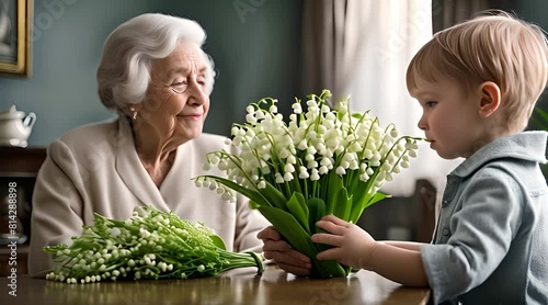 enfant offrant un brin de muguet en fleurs à sa grand-mère à l'occasion de la fête du 1er mai photo