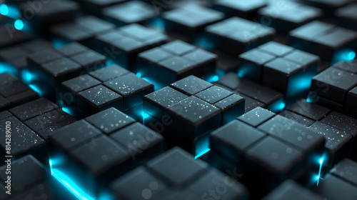 abstract background black cubes with light blue glowing edges, 3d wallpaper, business background 
