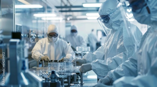 Scientists in hazmat suits working in a lab photo