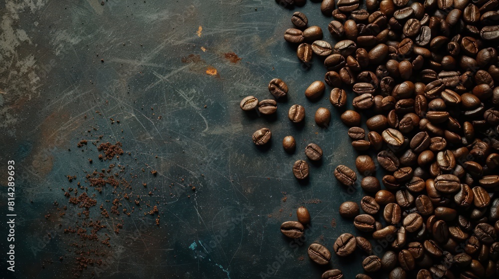Background of aromatic brown coffee beans scattered on surface top view Background of aromatic brown coffee beans scattered on surface top view