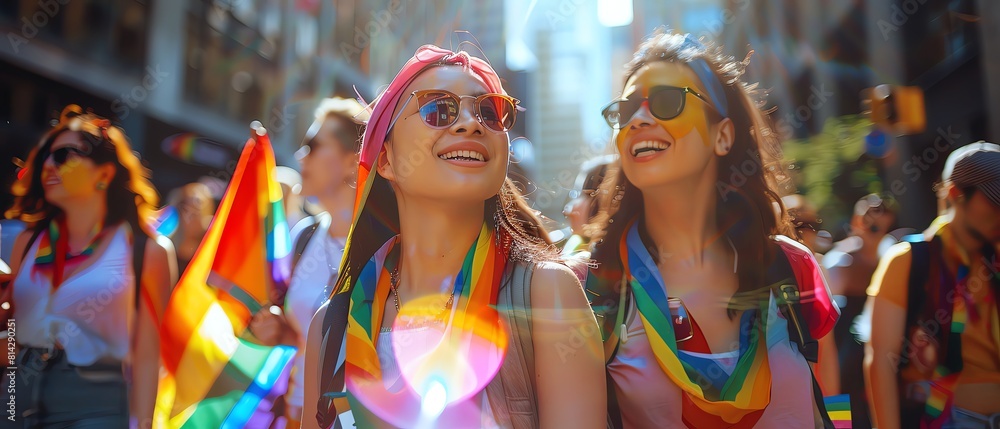 A group of diverse women with rainbow scarves and flags, walking in the streets at a pride event. Shot in the style of Nikon D850 with an 24mm f/36 lens, ray tracing lights, natural lighting, ultra re A group of diverse women with rainbow scarves and flags, walking in the streets at a pride event. Shot in the style of Nikon D850 with an 24mm f/36 lens, ray tracing lights, natural lighting, ultra re