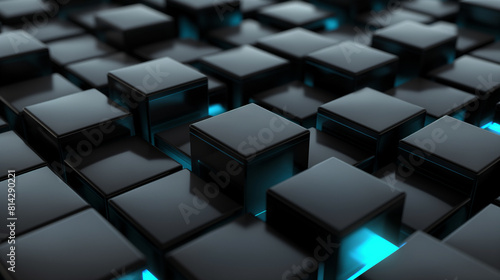 abstract background black cubes with light blue glowing edges  3d wallpaper  business background 