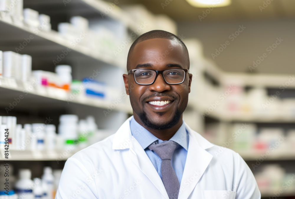 A male pharmacist in a white gown with arms crossed stands in a pharmacy aisle, his bold colorism, installation-based style, and happycore apparent in light gray and dark brown. A male pharmacist in a white gown with arms crossed stands in a pharmacy aisle, his bold colorism, installation-based style, and happycore apparent in light gray and dark brown.
