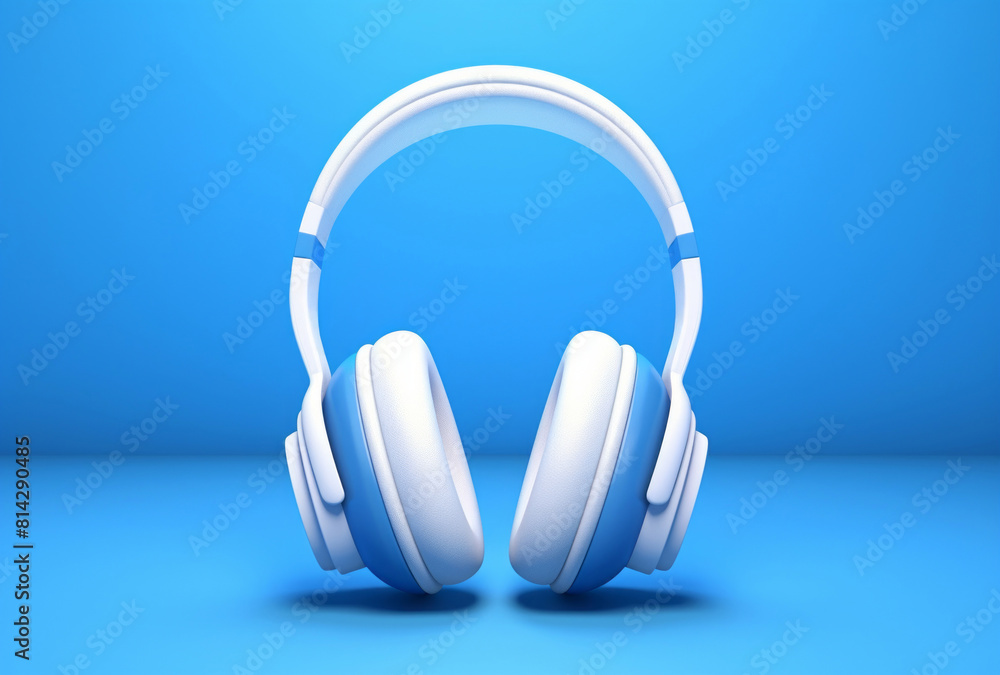 Blue, white, and white headphones sit on a blue background, their exquisite craftsmanship Blue, white, and white headphones sit on a blue background, their exquisite craftsmanship