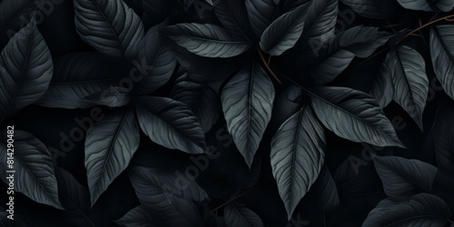 Black leaves lay on a dark background  their voluminous forms  nature-inspired imagery  and lo-fi aesthetics apparent in light gray and dark black.