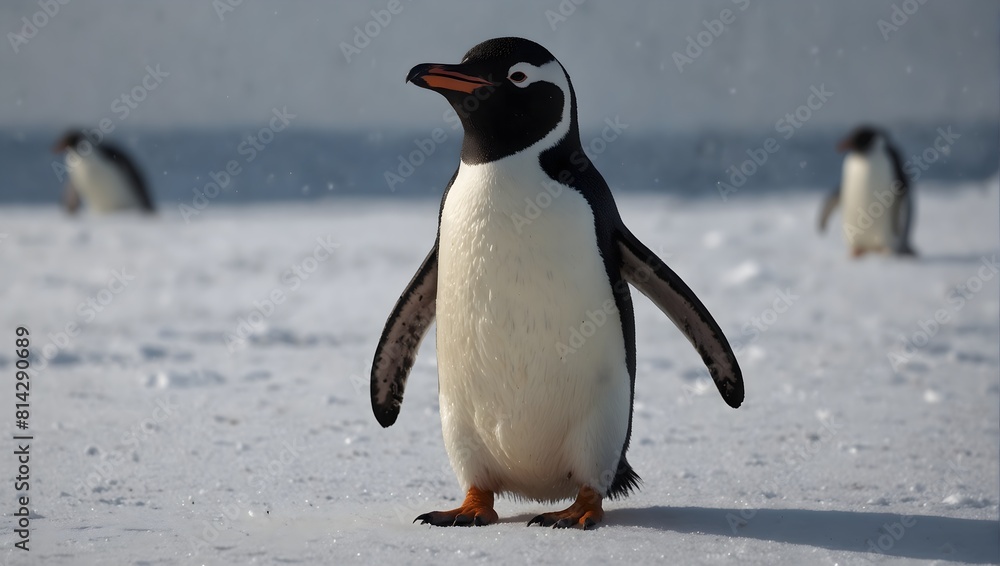 Obraz premium The vastness of white, a solitary penguin waddles, its black and white plumage a stark contrast against the blank canvas of snow ai_generated
