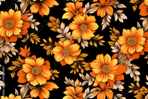 Orange and yellow flower fabric on fabric presents symmetric compositions  eastern-inspired motifs  and tightly cropped compositions on a black background  colored in light pink and dark black.