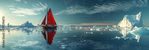 Little red sailboat cruising among floating icebergs in Disko Bay glacier during midnight sun season of polar summer, Ilulissat, Greenland realistic nature and landscape photo