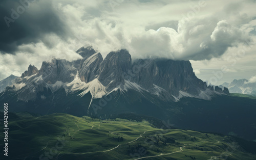 The mountains are viewed from above, their time-lapse photography, photorealistic fantasies, imposing monumentality, and landscape mastery apparent in dark white and green.