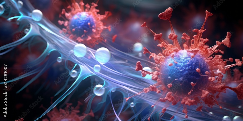 An flu viruses and bacteria swirling around each other, their body extensions and combination of natural and man-made elements apparent in light red, dark azure, light purple, and light bronze. An flu viruses and bacteria swirling around each other, their body extensions and combination of natural and man-made elements apparent in light red, dark azure, light purple, and light bronze.