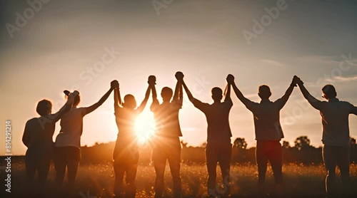 groupe de personnes se donnant la main formant une chaine de solidarité face au soleil à contre-jour photo