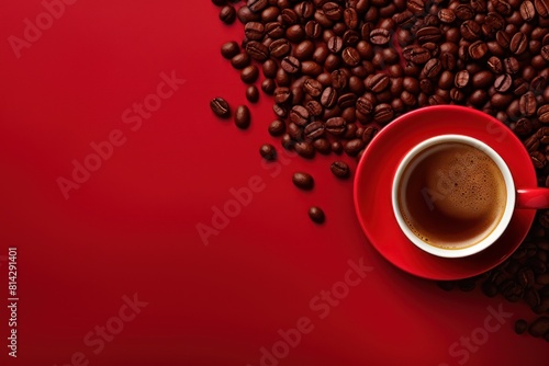 Coffee cup in red  saucer near roasted beans on red background top view
