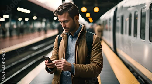 homme de 30-40 ans sur le quai d'une gare en train de consulter son smartphone en attendant son train photo