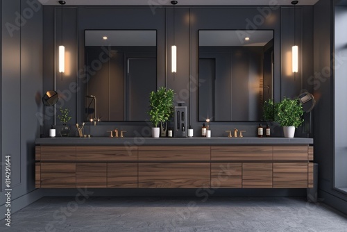 A bathroom interior with modern design, featuring a double vanity with mirrors, set against a dark gray background. 3D Rendering photo