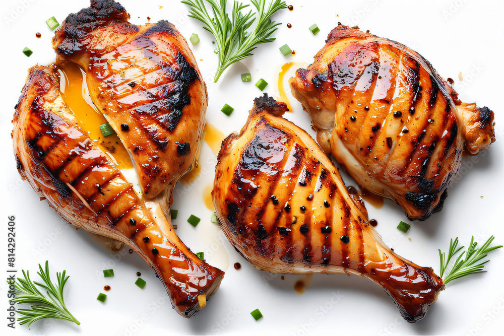 Tasty grilled chicken leg on white background, top view. BBQ food Tasty grilled chicken leg on white background, top view. BBQ food