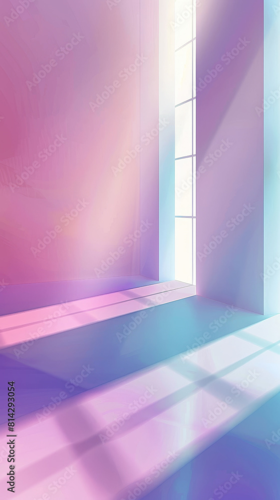 An abstract digital illustration of a room bathed in vibrant pink and purple sunlight with geometric shadows