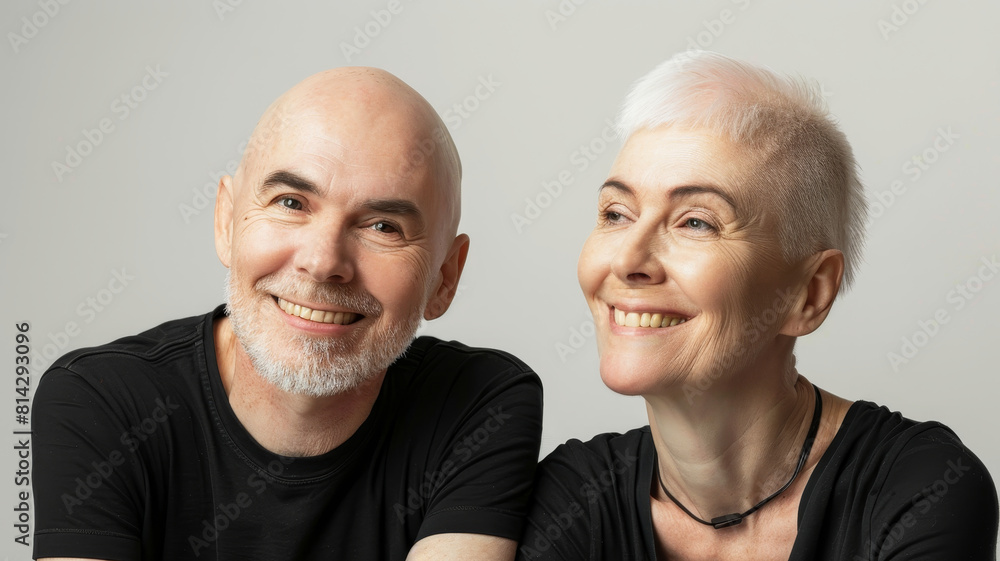 An elderly couple with matching gray hair smiles warmly against a light background, showcasing affection and happiness An elderly couple with matching gray hair smiles warmly against a light background, showcasing affection and happiness