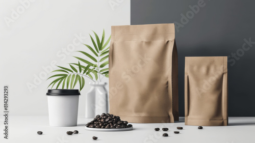 Eco-friendly packaging presents a zero-waste lifestyle with a minimalist design, featuring a disposable coffee cup and beans photo