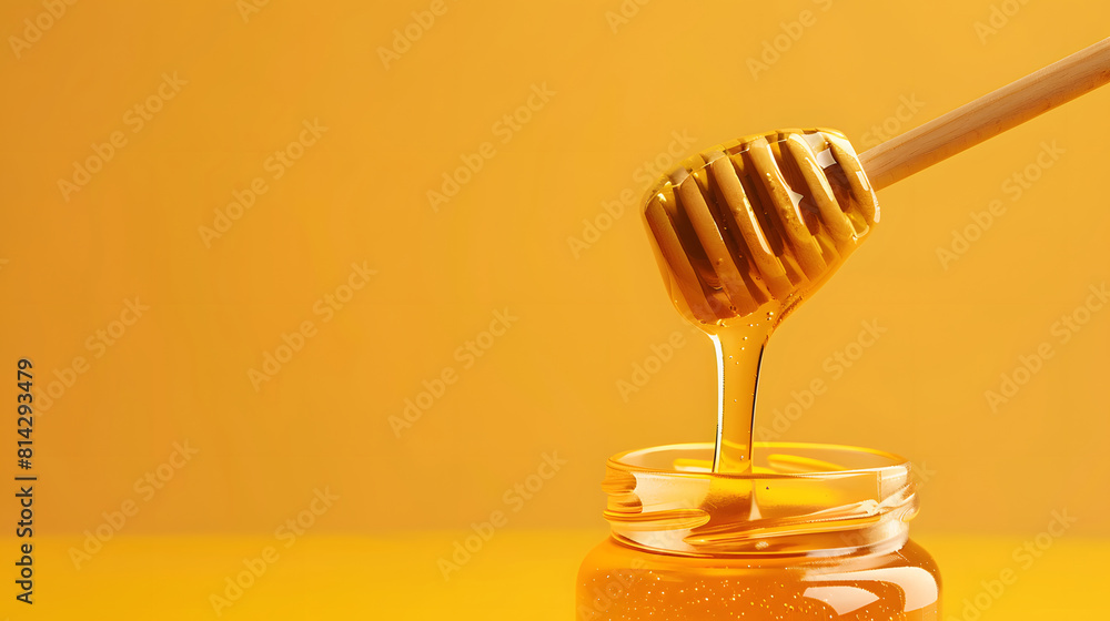 Honey drips from a wooden dipper over yellow background Honey drips from a wooden dipper over yellow background