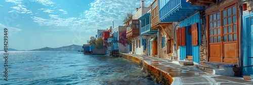 Little Venice seafront, an iconic feature of the Greek island of Mykonos in Cyclades Archipelago, Aegean Sea, Greece realistic nature and landscape photo