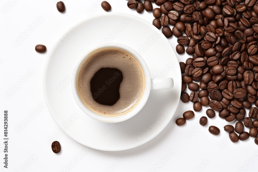 Espresso cup with coffee beans isolated on white background top view