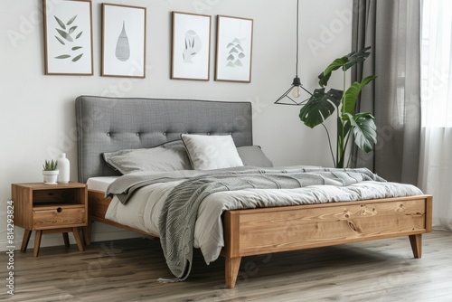 Wooden home bedroom interior with a gray bed and nightstand with decor. Mock up frame