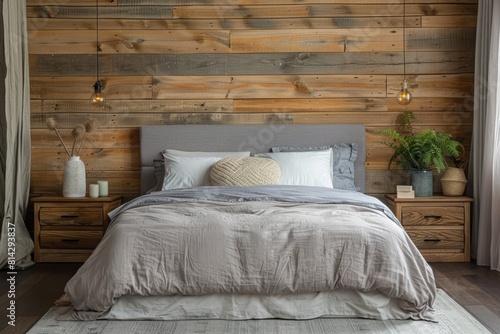 Wooden home bedroom interior with a gray bed and nightstand with decor. Mock up frame