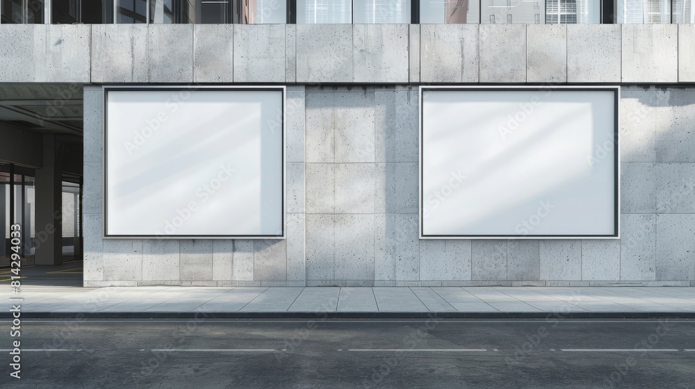 A modern light gray building exterior with two blank white billboards for advertising, set on an urban street backdrop, Generative AI. A modern light gray building exterior with two blank white billboards for advertising, set on an urban street backdrop, Generative AI.