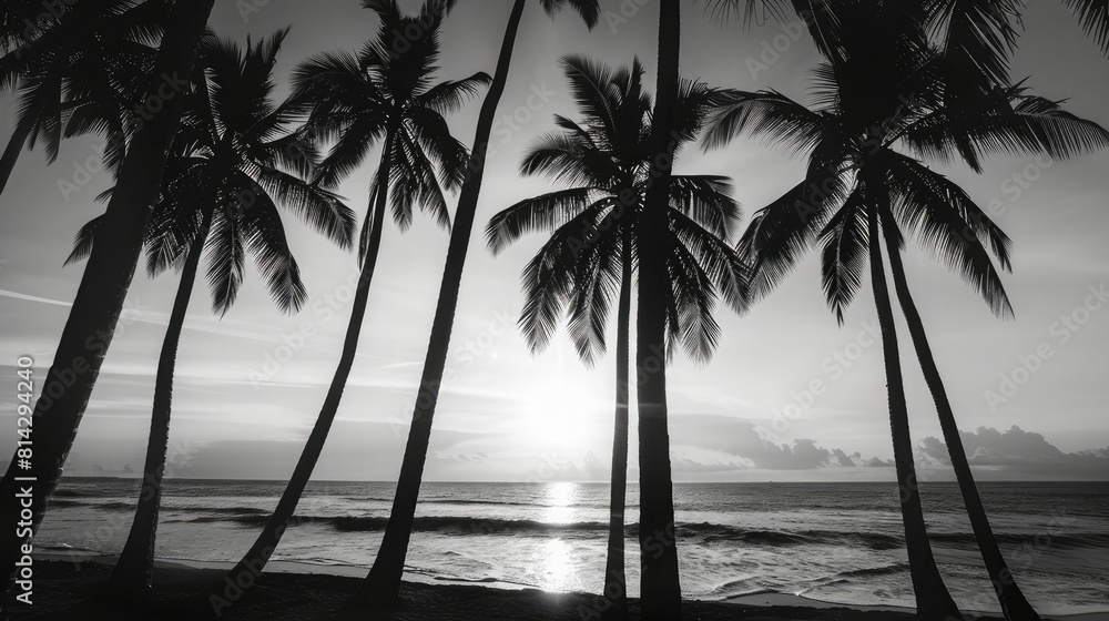 panorama of the sunset coast of coconut trees in Black an white photography