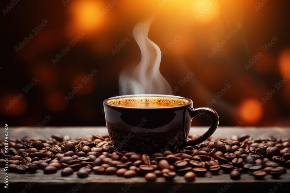 Hot cup of coffee with coffee beans on the table Hot cup of coffee with coffee beans on the table