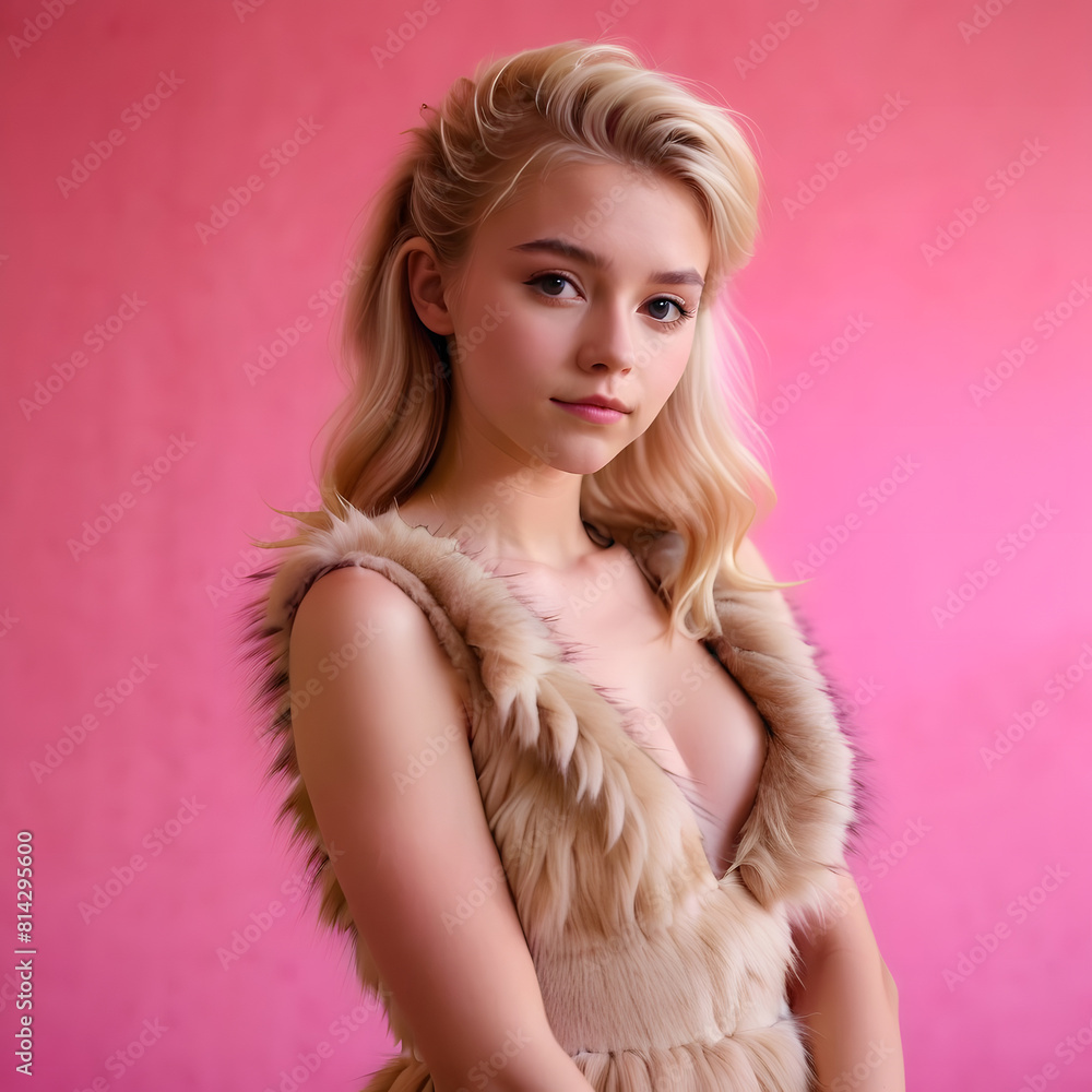 A young girl with blond hair wearing furry dress in the studio with a pink background A young girl with blond hair wearing furry dress in the studio with a pink background