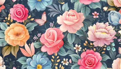 Wallpaper Mural allover multi motif flowers ornament seamless pattern with watercolor flowers pink roses repeat floral texture vintage background hand drawing perfectly for wrapping paper wallpaper fabric print Torontodigital.ca
