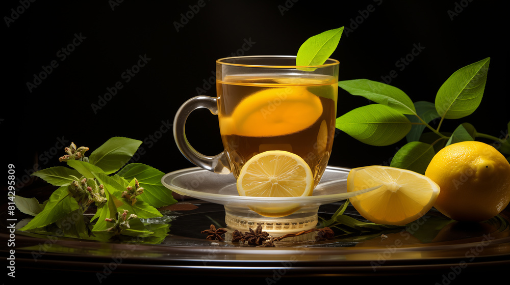 A photo of lemon tea in a glass cup with lemon slices decorated on top A photo of lemon tea in a glass cup with lemon slices decorated on top