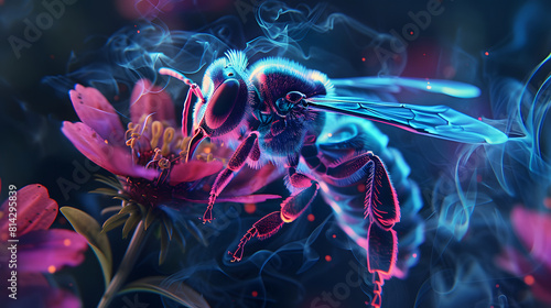 Honey bees emitting neon light, perched on flowers, with smoke billowing around the bees. with a dark background