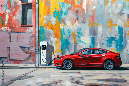 EV electric car drawing Charging in the city, clean energy