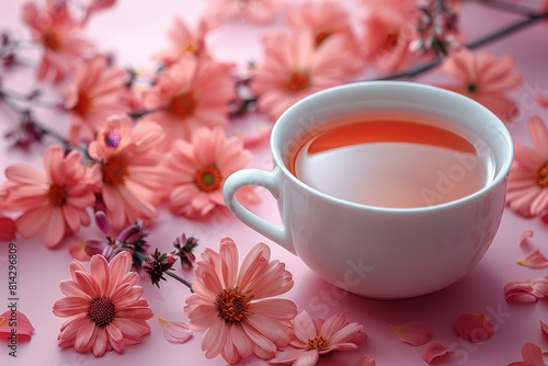 Delicate tea cup surrounded by flowers - A tranquil setting featuring a white tea cup amidst vibrant pink flowers creating a sense of freshness