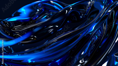 Abstract blue fluid art with reflections - Dynamic close-up view of flowing blue abstract shapes with smooth lines and reflective surface