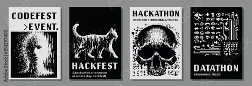Set of retrofuturistic posters for hackathon (also known as a hack day, hackfest, datathon or codefest) event with pixel art illustrations of glitched human head and skull.