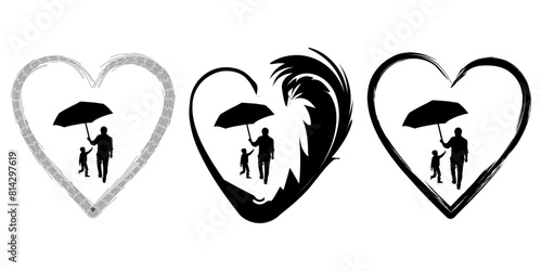 A Father And Child Stand In Front Of Heart. Dad And His Kid Through. This Beautiful Illustration Captures The Timeless Bond Between A Father And His Son In Way. Isolated On Transparent Background.