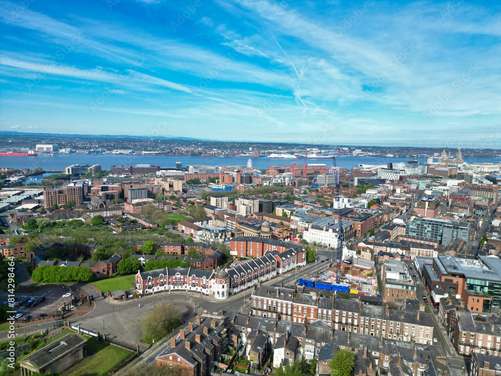 High Angle View of Modern British City Centre of Liverpool, The Maritime city in northwest England, United Kingdom. May 5th, 2024 High Angle View of Modern British City Centre of Liverpool, The Maritime city in northwest England, United Kingdom. May 5th, 2024
