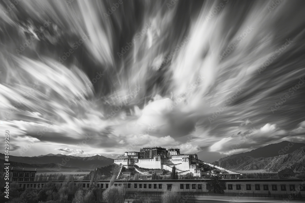 Obraz premium Ancient Potala Palace against dynamic skies - The historic Potala Palace stands strong under the dramatic movement of the clouds in black and white