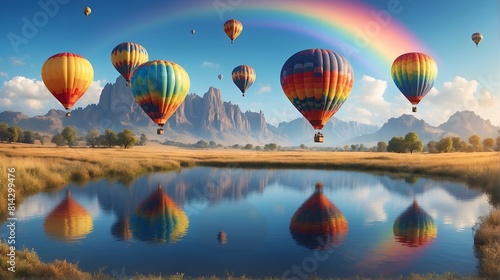 Hot air balloons fly over the fantasy world with castle, river and waterfalls. For Desktop Wallpaper Background